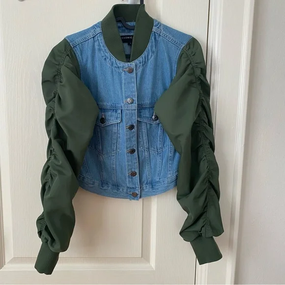 $498 NWOT Veronica Beard Emelia Denim Paneled Ruched Sleeves Bomber Jacket sz S